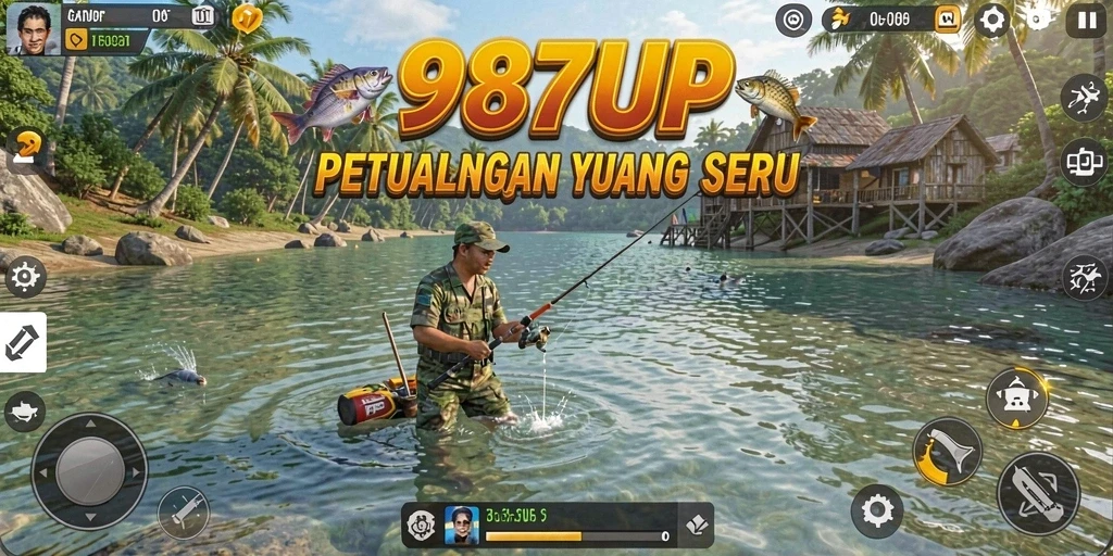 Screenshot utama 987UP menampilkan gameplay seru saat memancing.