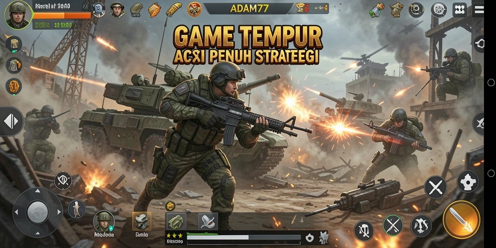 Screenshot menampilkan aksi tempur yang intens di ADAM77.