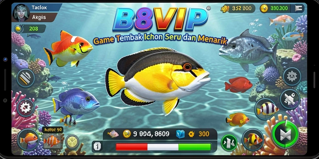 Gameplay menarik B8VIP dengan berbagai ikan dan senjata.