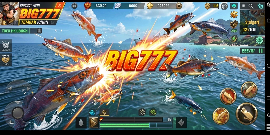 Screenshot BIG777 menampilkan aksi seru menembak ikan di bawah laut.