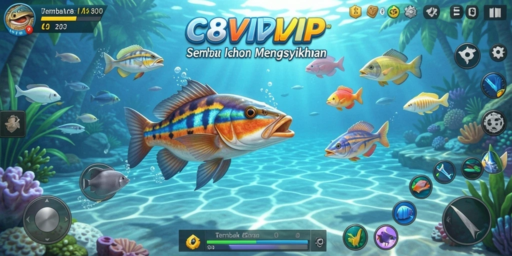 Screenshot gameplay C8VIP menampilkan serunya menembak ikan dengan berbagai senjata.