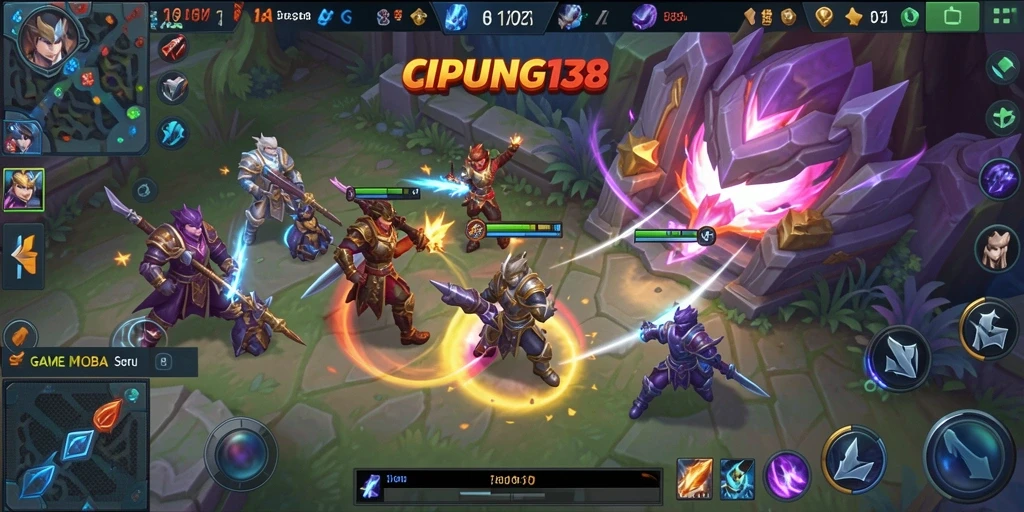 Screenshot utama dari gameplay <strong>CIPUNG138</strong> menampilkan aksi pertarungan MOBA yang seru.