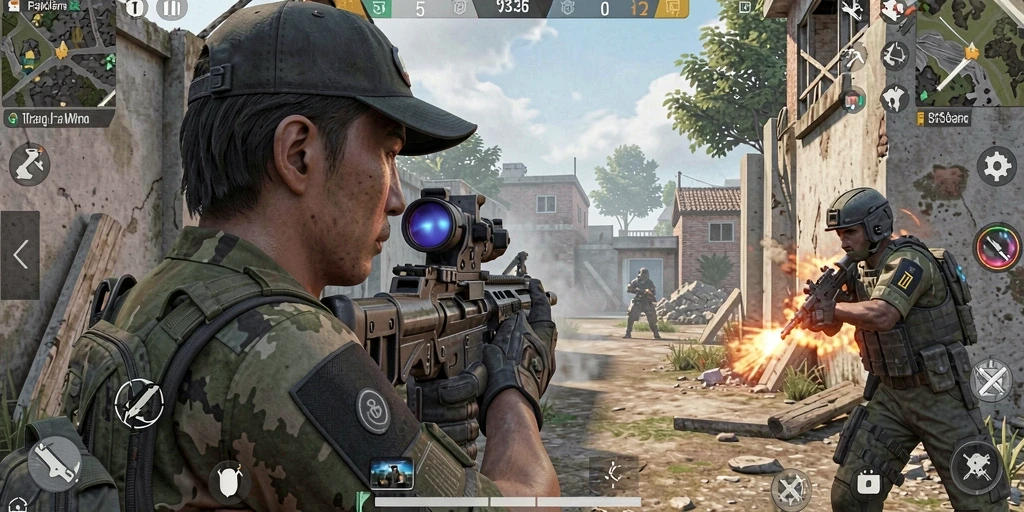 Screenshot utama D06 menampilkan aksi tempur seru dalam game FPS.
