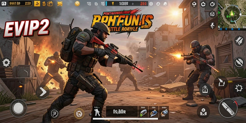 Tampilan gameplay seru dari EVIP2 dalam pertempuran Battle Royale.