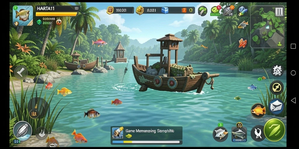 Screenshot gameplay HARTA11 yang menampilkan aksi memancing seru di alam terbuka.
