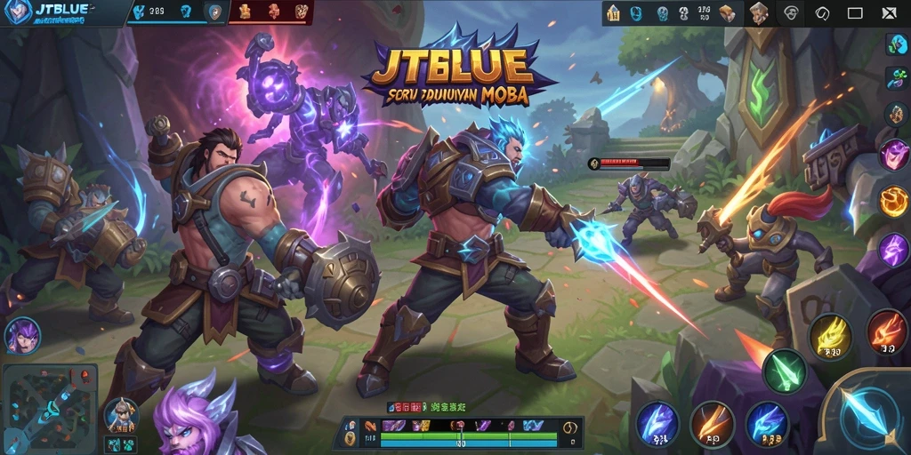 Screenshot JTBLUE menampilkan karakter bertarung dalam pertarungan MOBA yang intens.