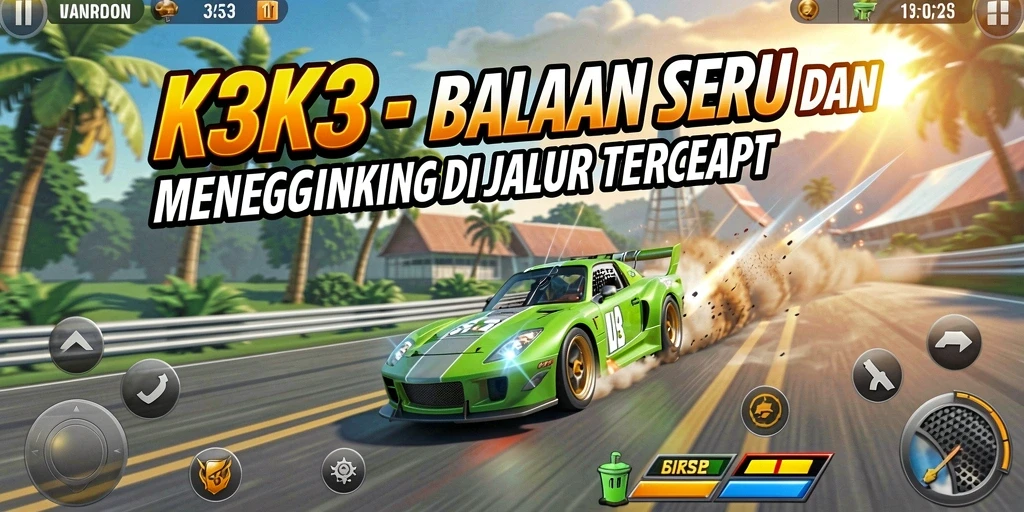 Screenshot gameplay K3K3 menunjukkan aksi balapan yang intens dan mendebarkan.