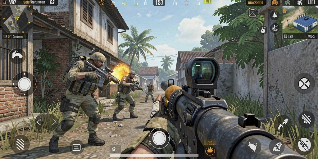 Screenshot V87 menampilkan aksi tembak-menembak yang mendebarkan dalam game FPS.