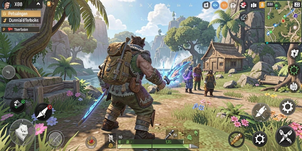 Tangkapan layar gameplay X88 menunjukkan petualangan seru di dunia terbuka.
