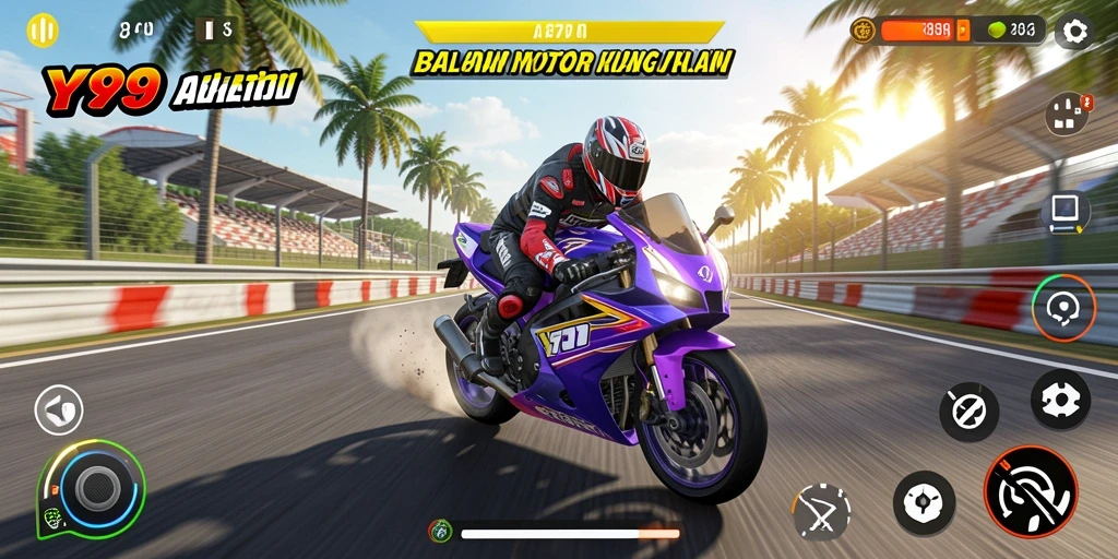 Tangkapan layar gameplay Y89 dengan aksi balapan motor yang mendebarkan.