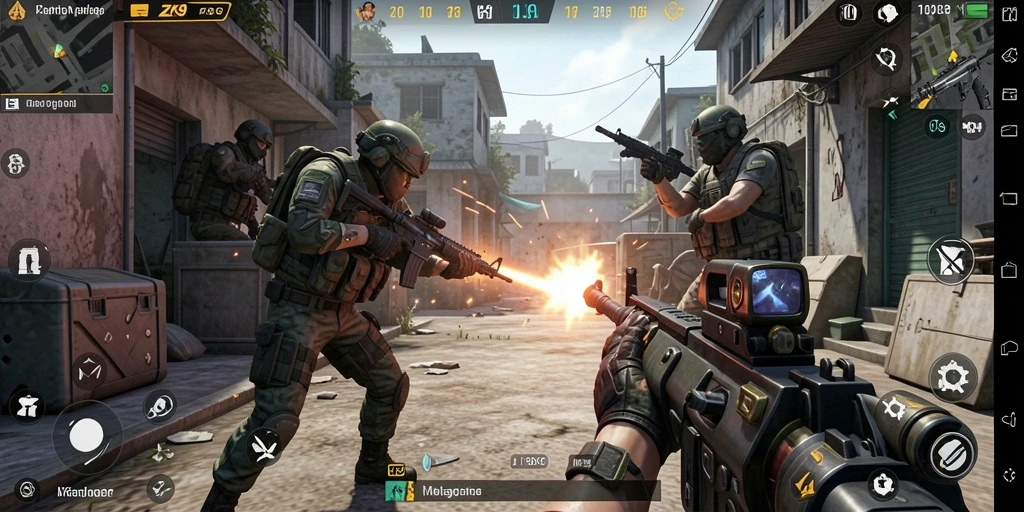 Screenshot gameplay ZK9 dengan aksi pertarungan FPS yang intens.
